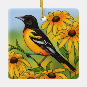 MD Staat Bird Oriole & Black-mit Augen Susan Blume Keramikornament