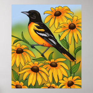 MD Staat Bird Oriole & Black-mit Augen Susan Blume Poster