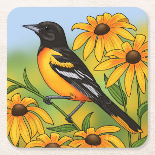 MD Staat Bird Oriole & Black-mit Augen Susan Blume Rechteckiger Pappuntersetzer