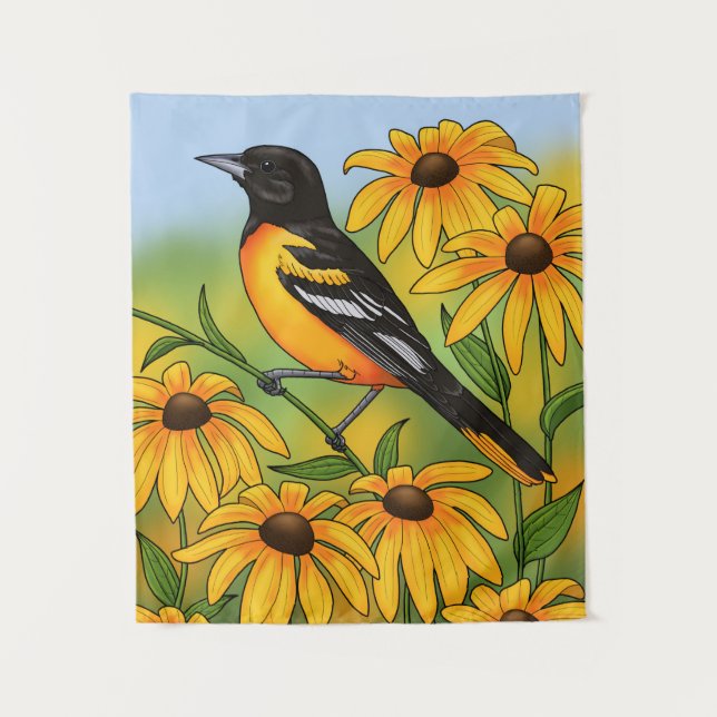 MD Staat Bird Oriole & Black-mit Augen Susan Blume Wandteppich (Vorderseite)