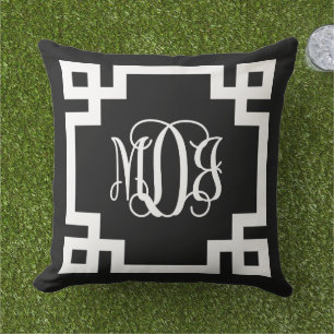 MDJ Black and White Greece Key Script Monogram Kissen