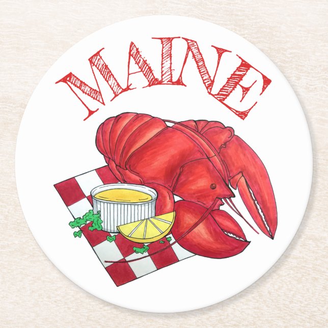 ME Maine Lobster Shack Seafood Dinner Red Gingham Runder Pappuntersetzer (Vorderseite)