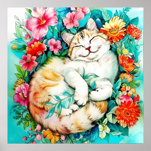 Meadow Blossom Cat Bliss Wasserfarbe Poster (Vorne)