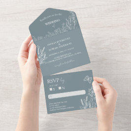 Meadow Blume Blue Gray Wedding RSVP All In One Einladung