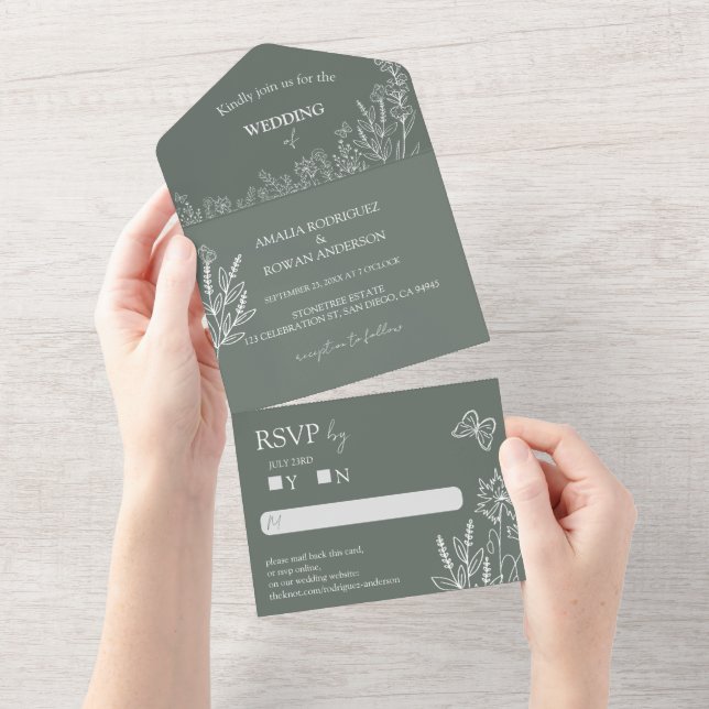 Meadow Blume Sirocco Green Wedding RSVP All In One Einladung (Abreißtisch)
