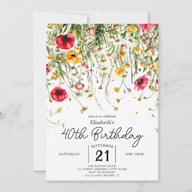 Meadow Custom Wildblumen 40. Geburtstag Einladung (Vorderseite)