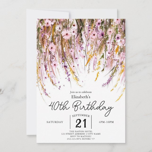 Meadow Custom Wildblumen 40. Geburtstag Einladung (Vorderseite)