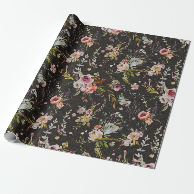 Meadow Floral - Black Gift Wrap Geschenkpapier (Ungerollt)