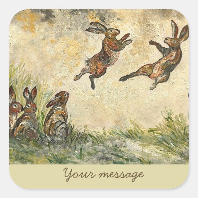 Meadow Matchup Playful Hares in a Meadow  Quadratischer Aufkleber (Vorderseite)