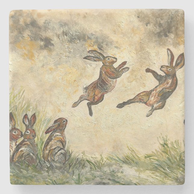 Meadow Matchup Playful Hares in a Meadow  Steinuntersetzer (Vorderseite)