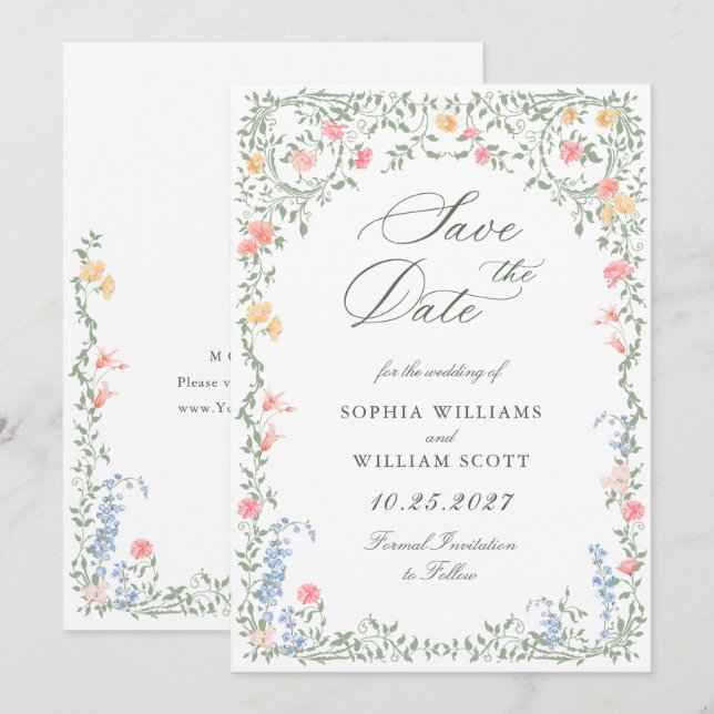 Meadow Pastel Französische Rose Blumenhochzeit Save The Date (Vorne/Hinten)