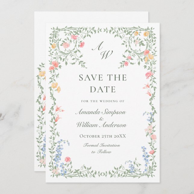 Meadow Pastel Französische Rose Blumenhochzeit Save The Date (Vorne/Hinten)