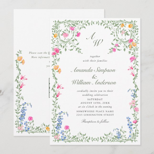 Meadow Pastel French Rose Floral Wedding QR-Code Einladung (Vorne/Hinten)