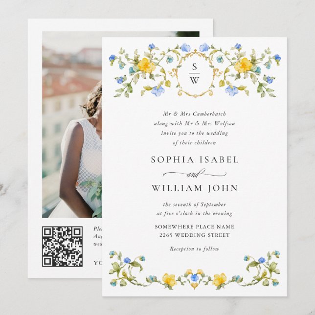 Meadow Pastel French Rose Floral Wedding QR-Code Einladung (Vorne/Hinten)