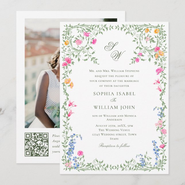 Meadow Pastel French Rose Floral Wedding QR-Code Einladung (Vorne/Hinten)