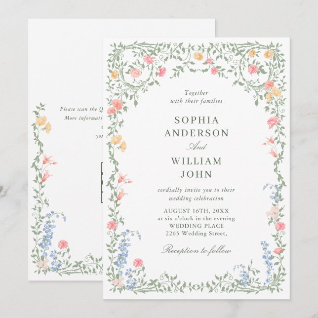 Meadow Pastel French Rose Floral Wedding QR-Code Einladung (Vorne/Hinten)