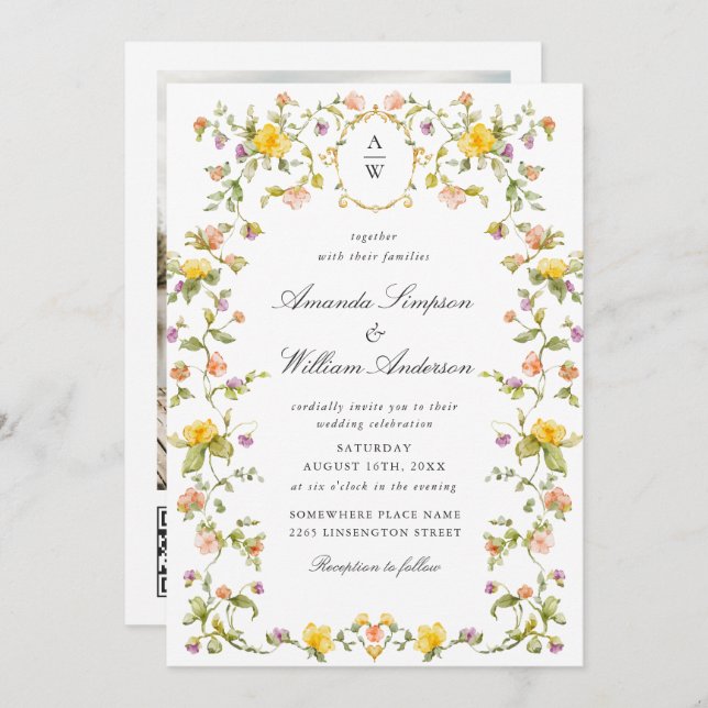 Meadow Pastel Rose Floral Wedding QR Code Foto Einladung (Vorne/Hinten)