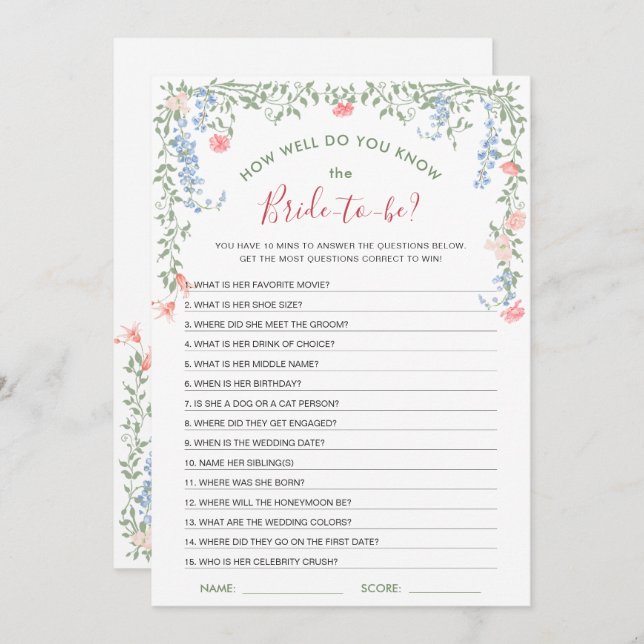 Meadow Pastor French Rose Brautparty Game Card Einladung (Vorne/Hinten)