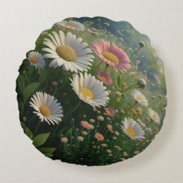 Meadow Whispers: Eine Daisy-Symphonie in Bloom Rundes Kissen
