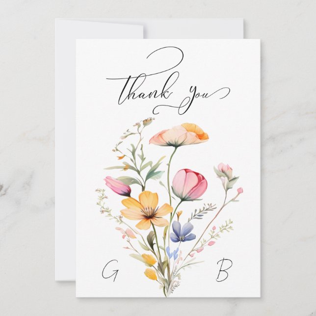 Meadow Wildblume Wedding Monogram Danke Card (Vorderseite)