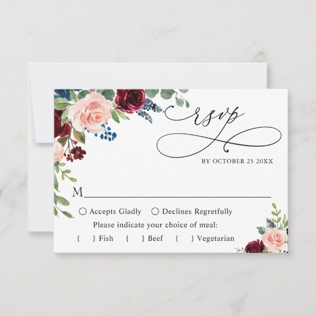 MEAL CHOICE Burgundy Navy Eucalyptus Rose Wedding RSVP Karte (Vorderseite)