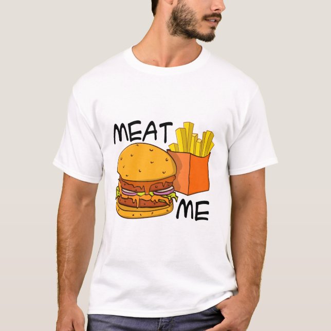 “Meat me” Hamburger en friet illustratie  T-Shirt (Vorderseite)