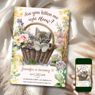 Meau! Floral Niedlich Kitten Girl Cat 1. Geburtsta Einladung