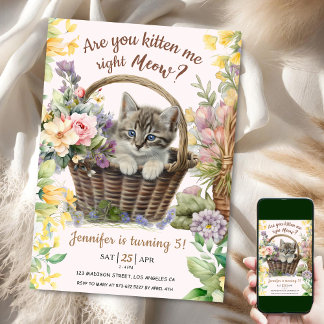 Meau! Floral Niedlich Kitten Girl Cat 5. Geburtsta Einladung