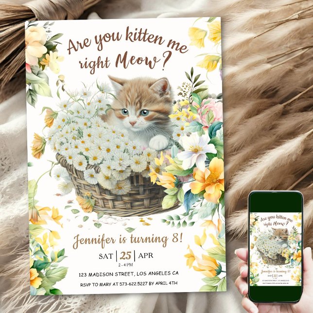 Meau! Floral Niedlich Kitten Girl Cat 8. Geburtsta Einladung (Von Creator hochgeladen)
