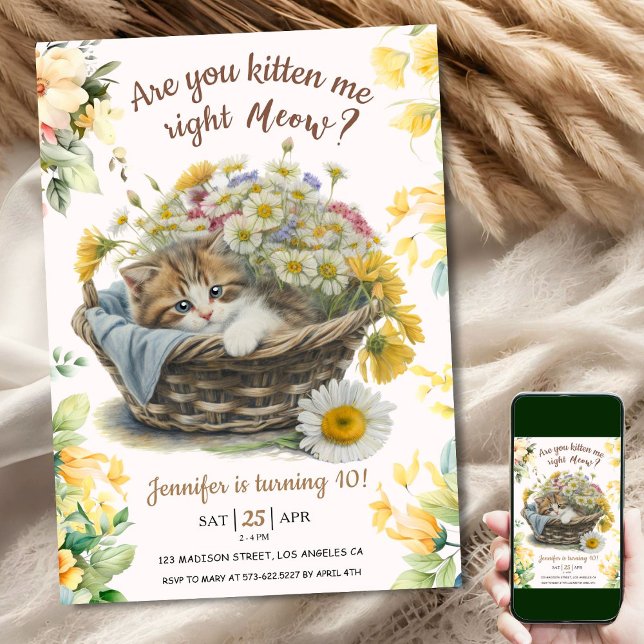 Meau! Niedlich Kitten Floral Kitty Cat 10. Geburts Einladung (Von Creator hochgeladen)