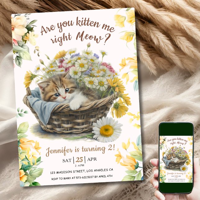 Meau! Niedlich Kitten Floral Kitty Cat 2. Geburtst Einladung (Von Creator hochgeladen)