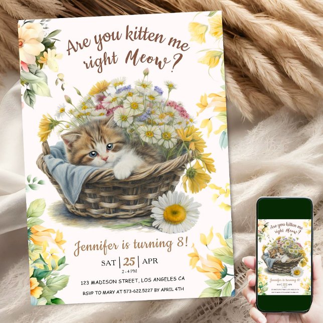 Meau! Niedlich Kitten Floral Kitty Cat 8. Geburtst Einladung (Von Creator hochgeladen)
