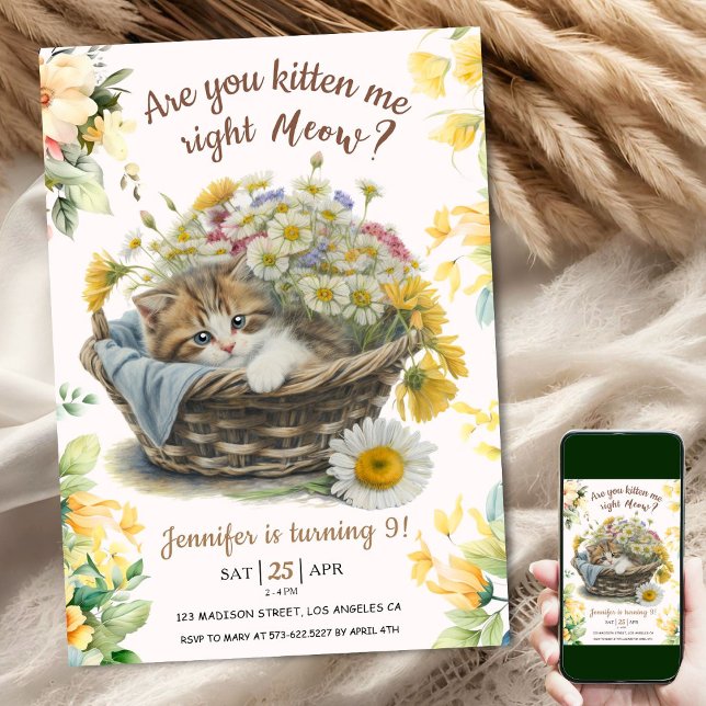Meau! Niedlich Kitten Floral Kitty Cat 9. Geburtst Einladung (Von Creator hochgeladen)