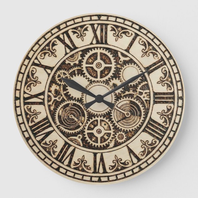  Mechanical Gears Wooden Wall Clock Große Wanduhr (Vorderseite)