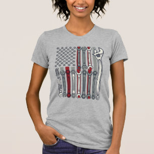 Mechanik-Schraubenschlüssel-Flagge Vintage-Gravur- T-Shirt