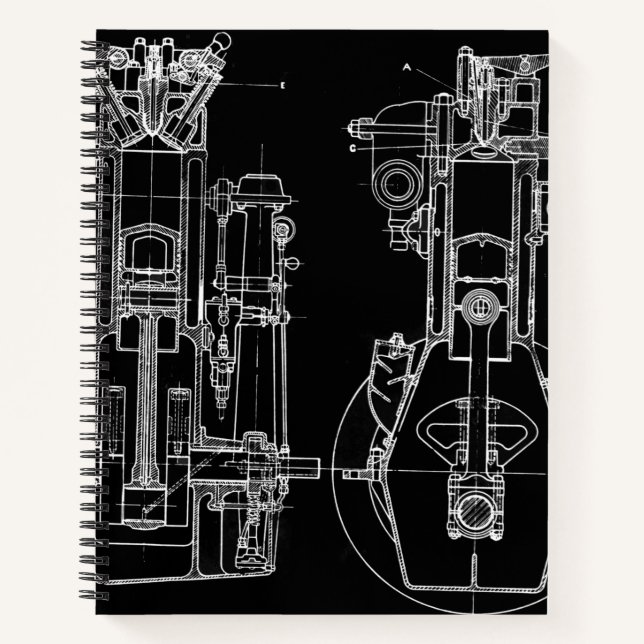 MECHANISCH ZEICHNEND VINTAGER BLUEPRINT WHITE CUST NOTIZBUCH (Vorderseite)