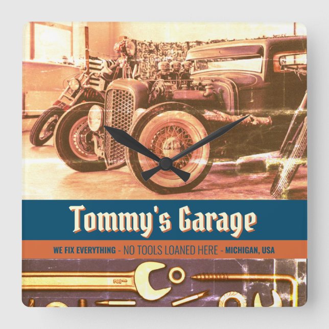 Mechanische Automotorradgarage Quadratische Wanduhr (Vorderseite)