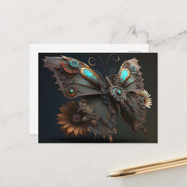 Mechanische Steampunk-Blume Schmetterling Postkarte (Vorderseite/Rückseite Beispiel)