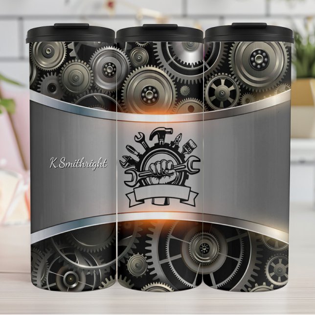Mechanische Werkzeuge Emblem Getriebe Hintergrund Thermosbecher (Von Creator hochgeladen)