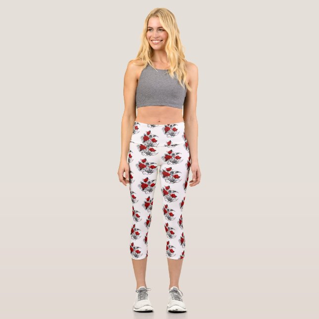 Mechanischer Halbmond mit Rote Rosen Capri Leggings (Vorderseite)