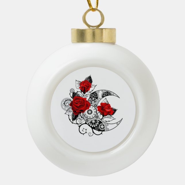 Mechanischer Halbmond mit Rote Rosen Keramik Kugel-Ornament (Vorderseite)
