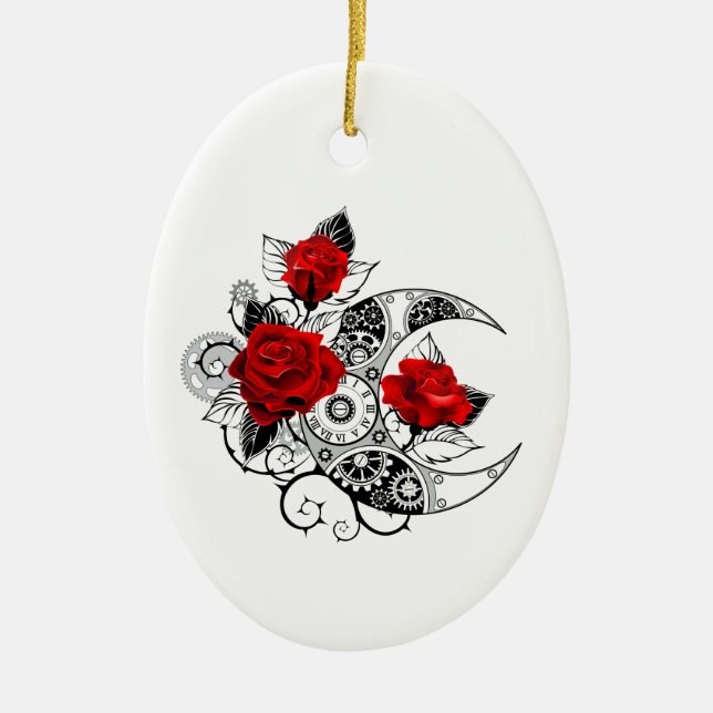 Mechanischer Halbmond mit Rote Rosen Keramik Ornament (Vorne)