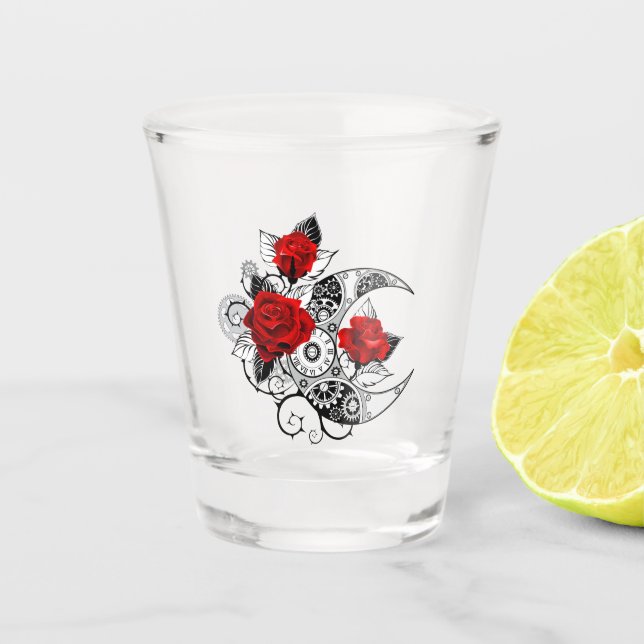 Mechanischer Halbmond mit Rote Rosen Schnapsglas (Vorderseite)
