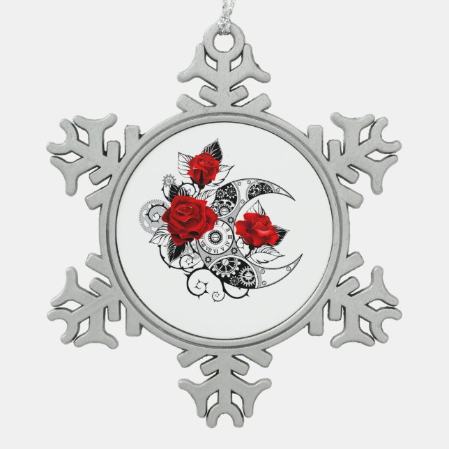 Mechanischer Halbmond mit Rote Rosen Schneeflocken Zinn-Ornament (Vorderseite)