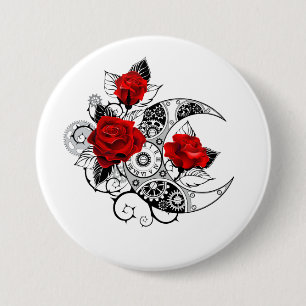 Mechanischer Halbmond mit roten Rosen Button