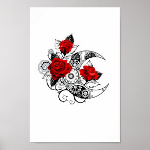 Mechanischer Halbmond mit roten Rosen Poster