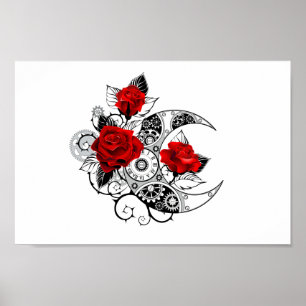 Mechanischer Halbmond mit roten Rosen Poster