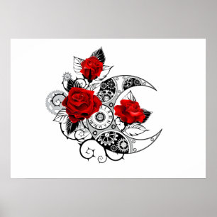 Mechanischer Halbmond mit roten Rosen Poster