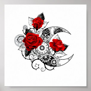 Mechanischer Halbmond mit roten Rosen Poster