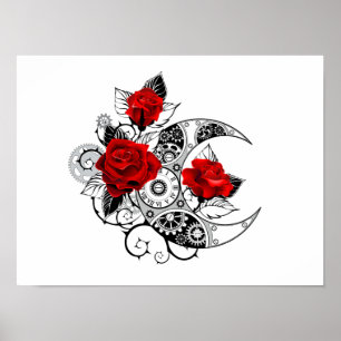 Mechanischer Halbmond mit roten Rosen Poster